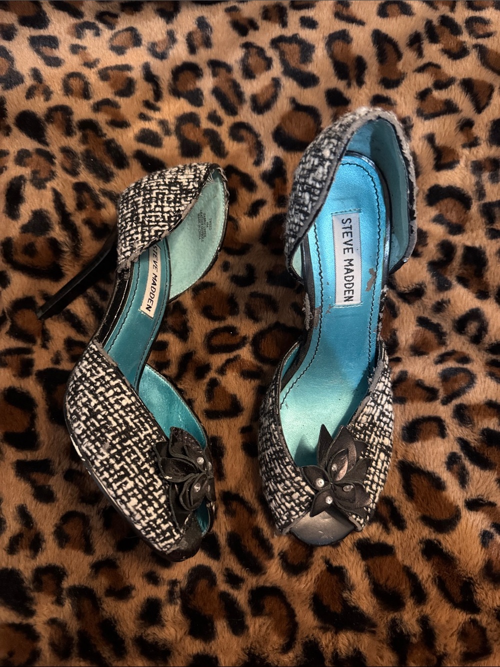 Steve Madden Black & White Tweed Peep-Toe Heels with Floral Accent